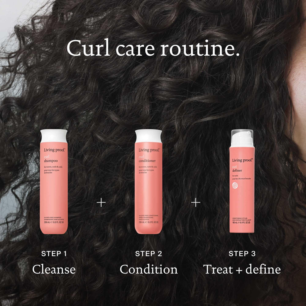 Living Proof Curl Conditioner product shot featuring healthy-looking curls after use.