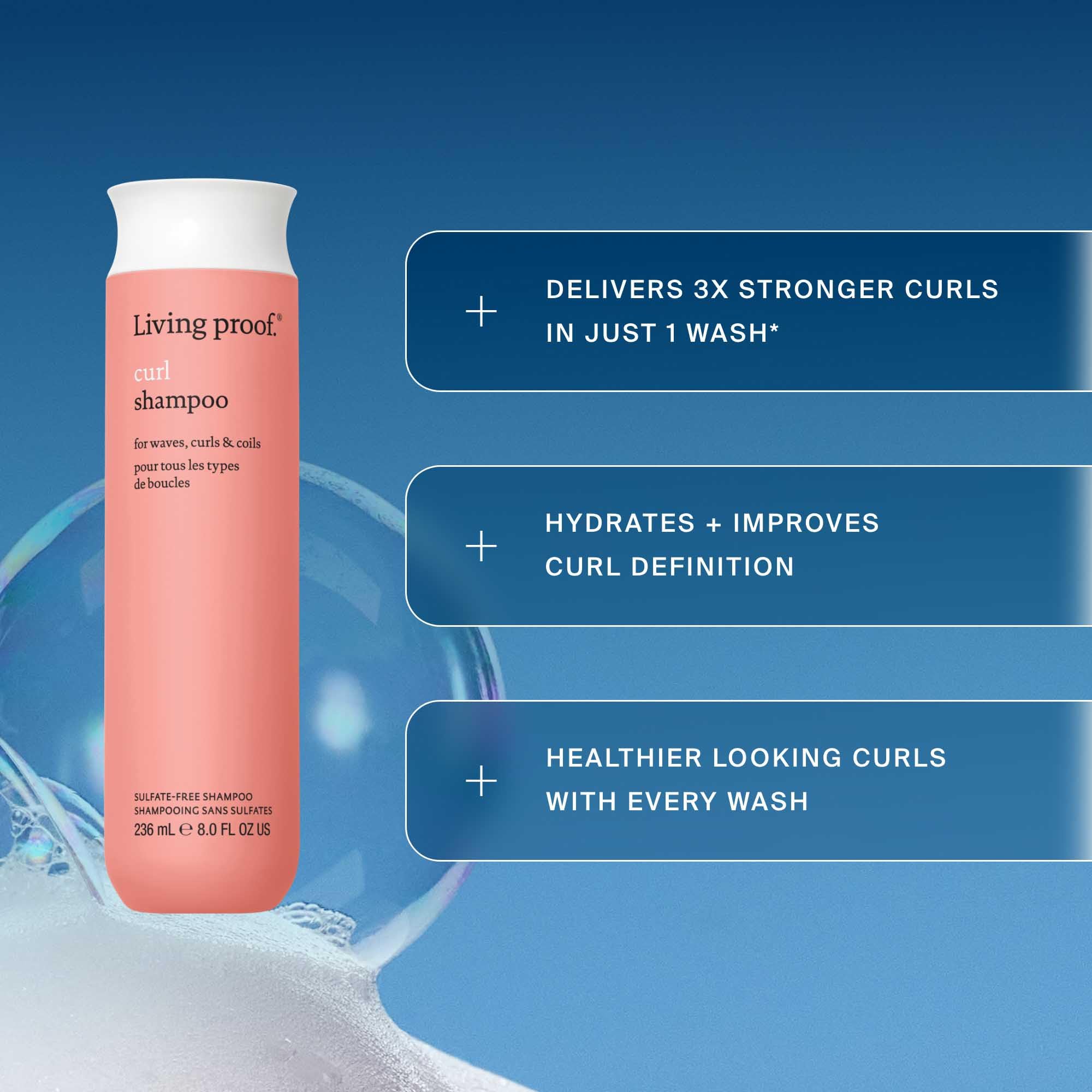 Living Proof Curl Shampoo hydration-boost bottle highlights extra moisture.