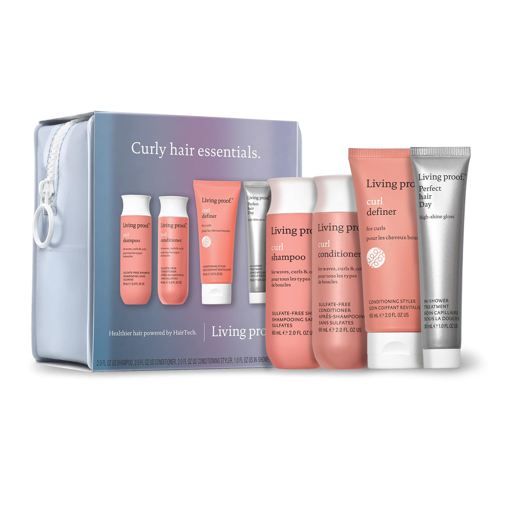 Living Proof Curly Hair Essentials Kit travel-size shampoo for stronger, defined curls and reduced frizz.