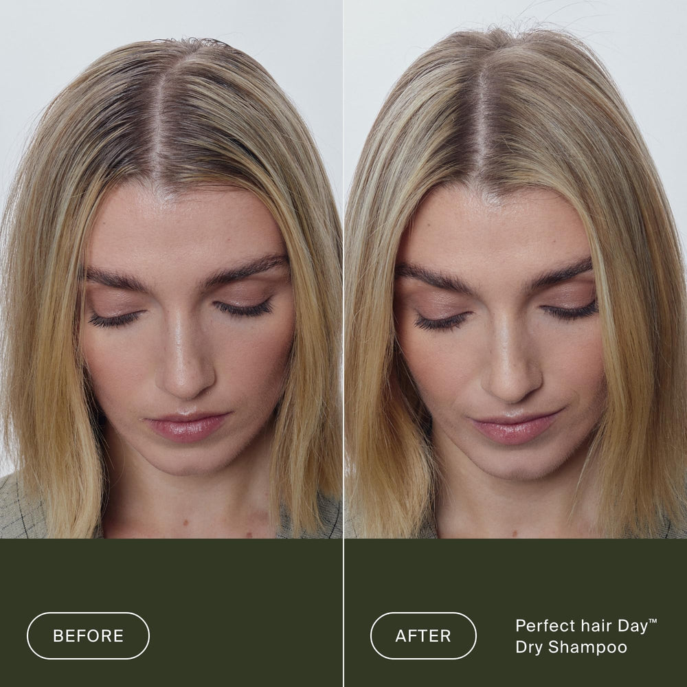 Living Proof Dry Shampoo applied to hair roots for lift.