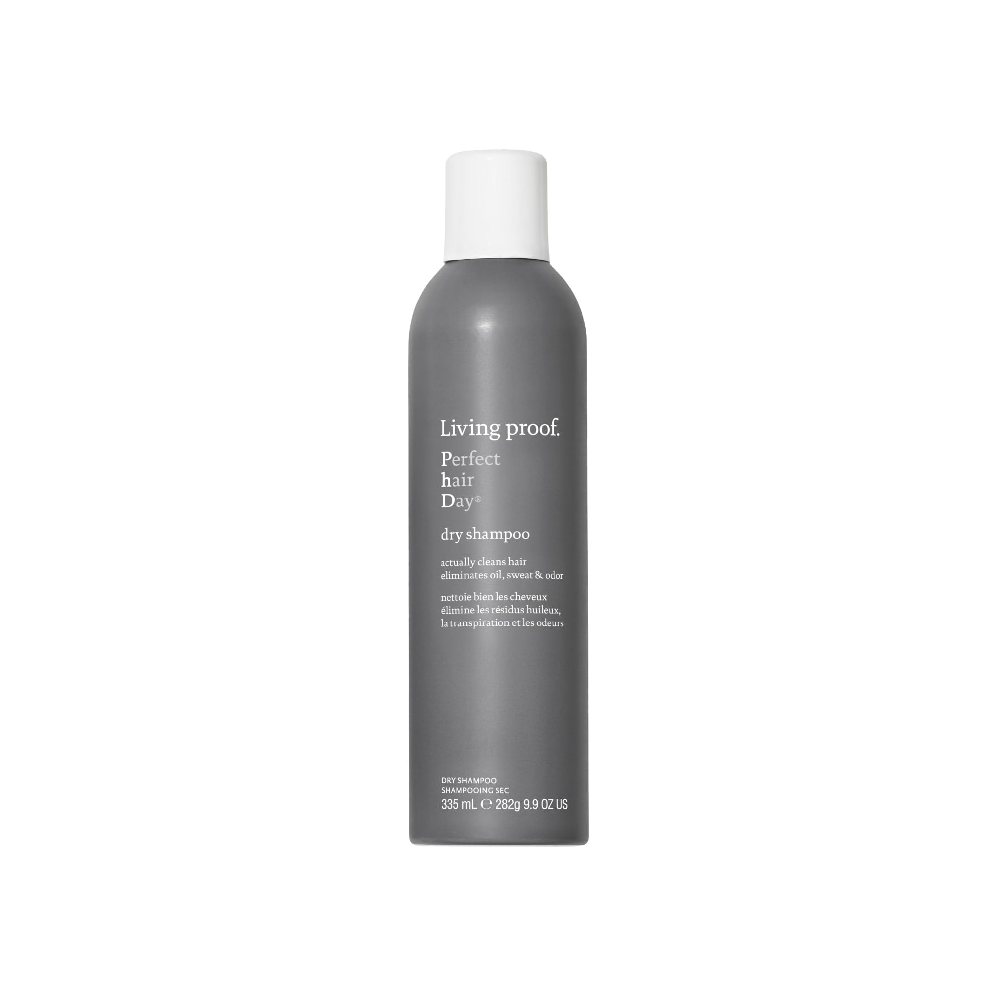 Living Proof Dry Shampoo bottle front absorbs oil for refreshed roots.