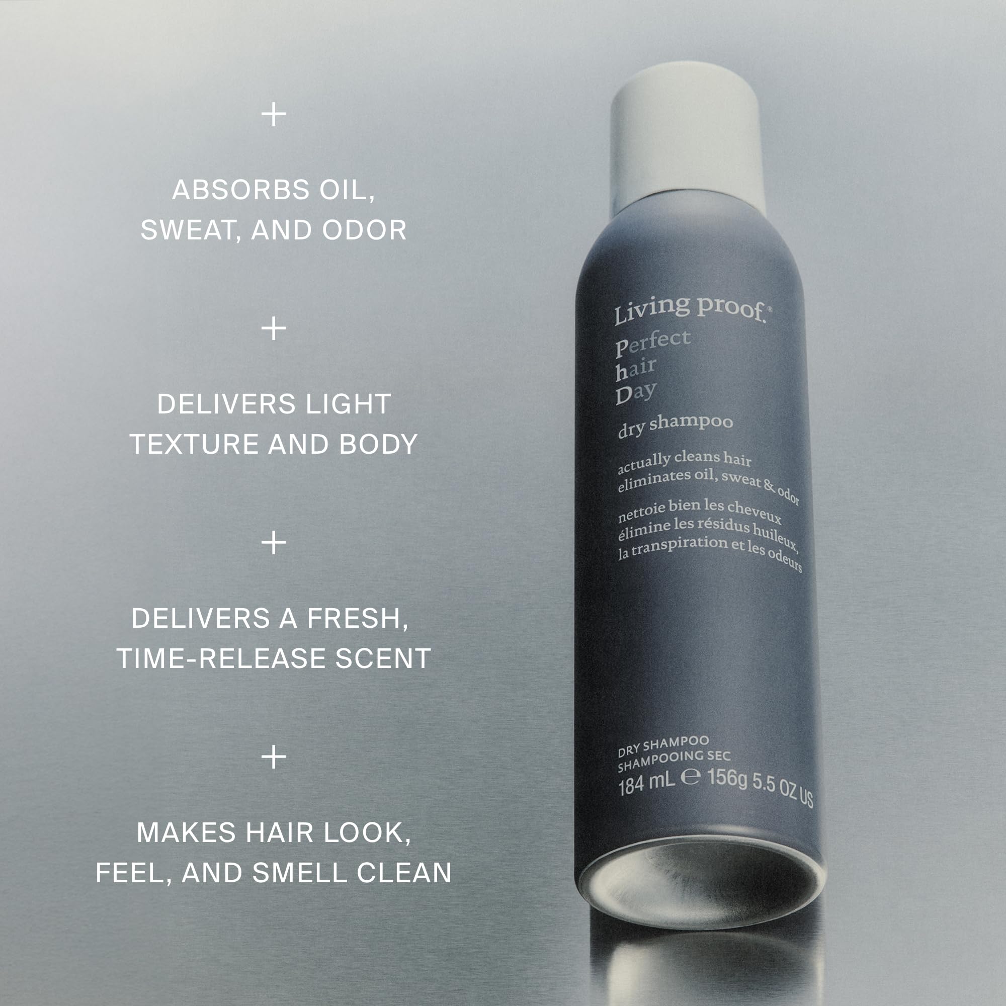 Living Proof Dry Shampoo texture close-up highlights oil-absorbing powder.