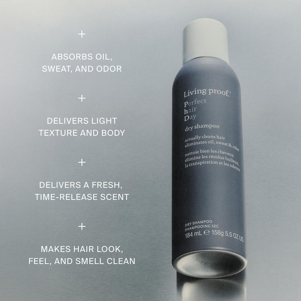 Living Proof Dry Shampoo texture close-up highlights oil-absorbing powder.