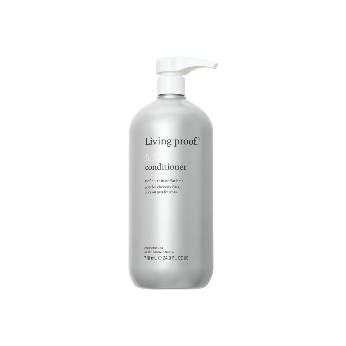 Living Proof Full Conditioner bottle closeup showing silicone-free formula for color-treated hair.