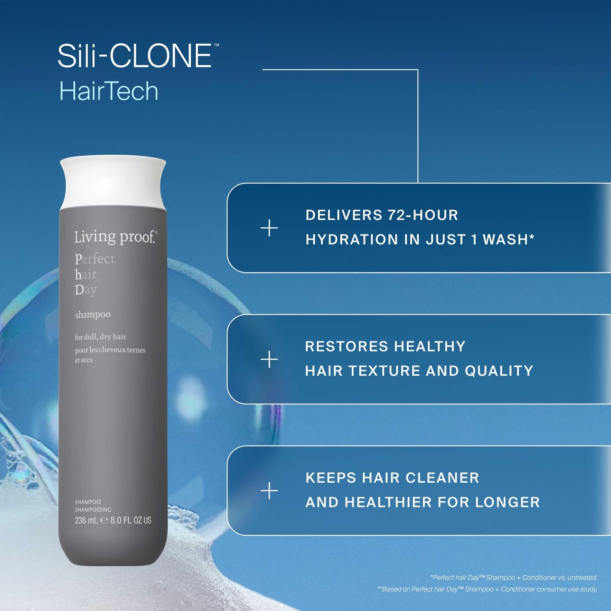 Living proof Hydrating Shampoo bottle application shows even distribution on wet hair.
