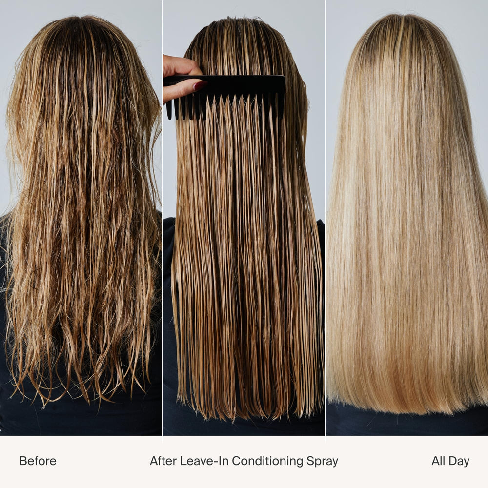 Living Proof Leave-In Conditioning Spray dispensing nozzle demonstrates precise application for protected hair