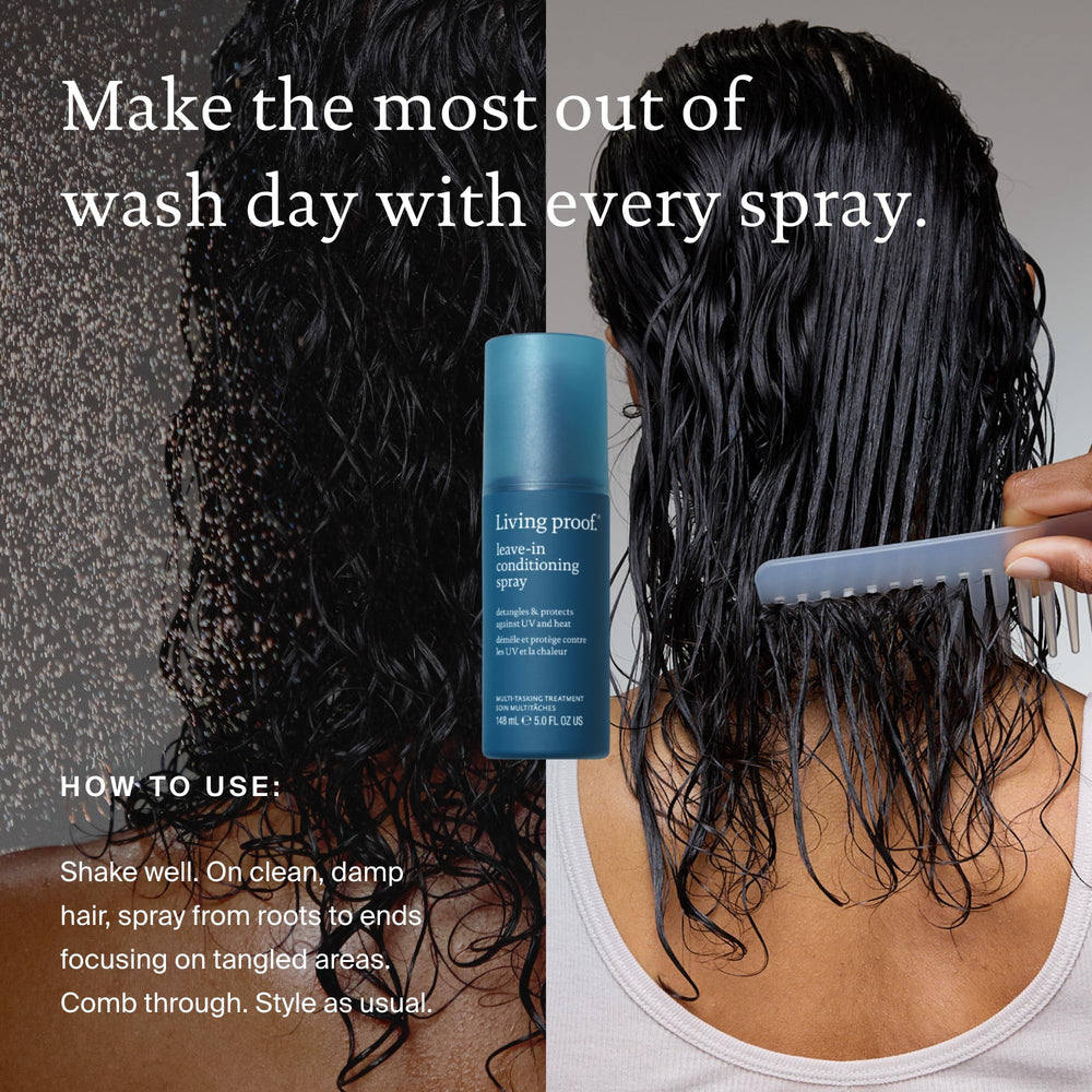 Living Proof Leave-In Conditioning Spray in use demonstrates even distribution and detangling readiness