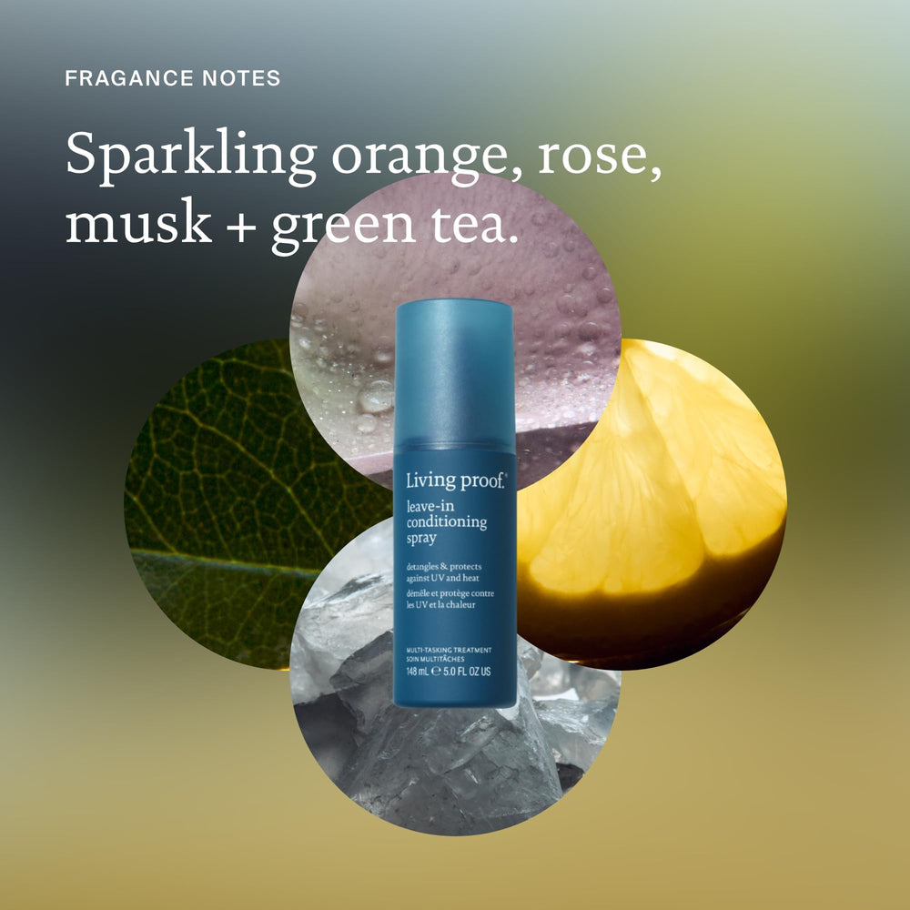 Living Proof Leave-In Conditioning Spray side view illustrates a compact bottle ready for travel