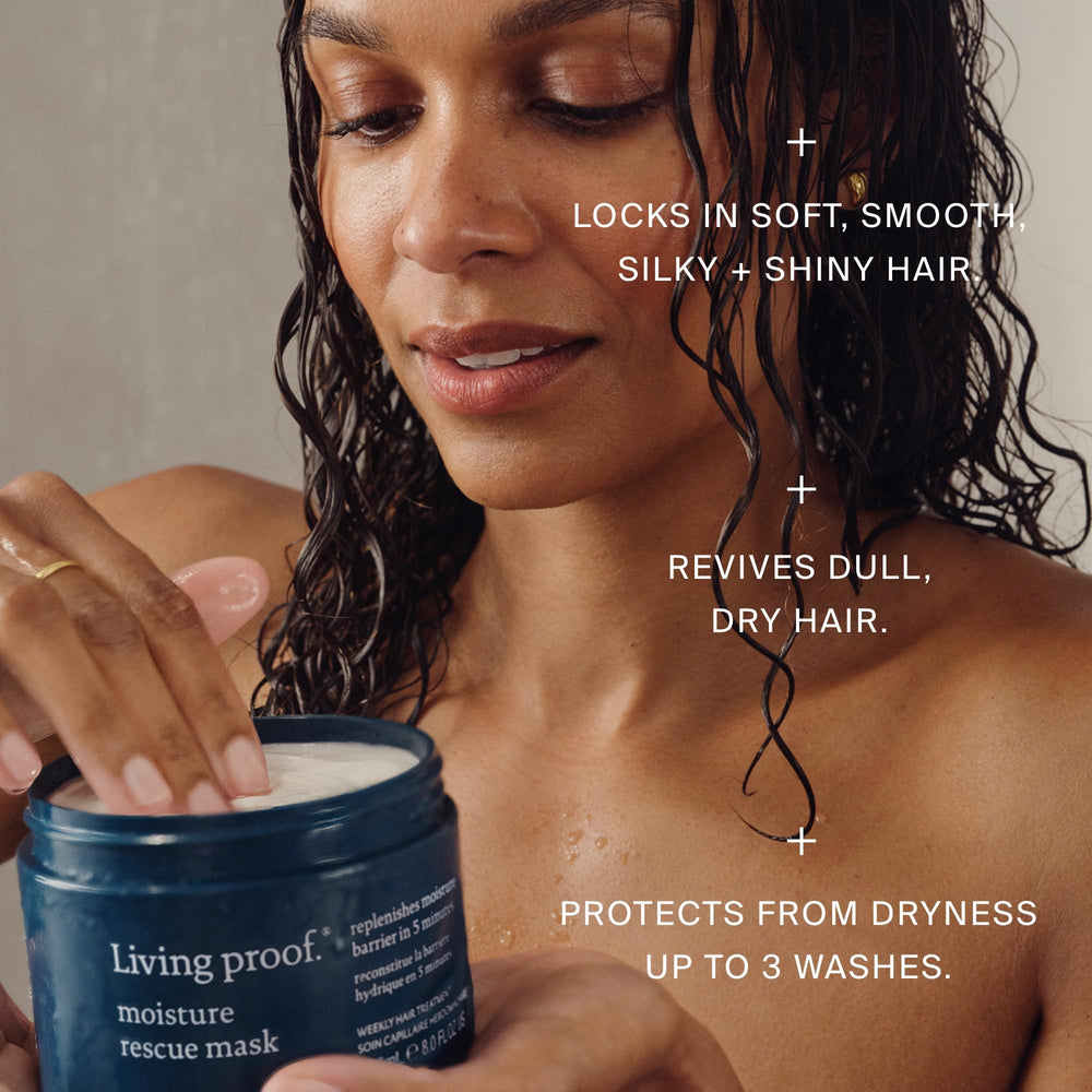 Living Proof Moisture Rescue Mask packaging box highlights in-shower care convenience
