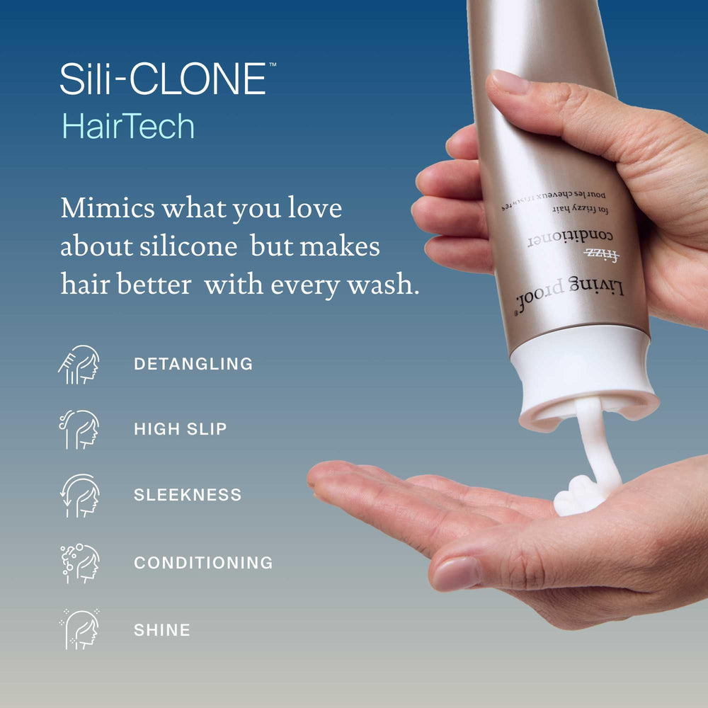 Living Proof No Frizz Conditioner texture close-up highlights weightless detangling.