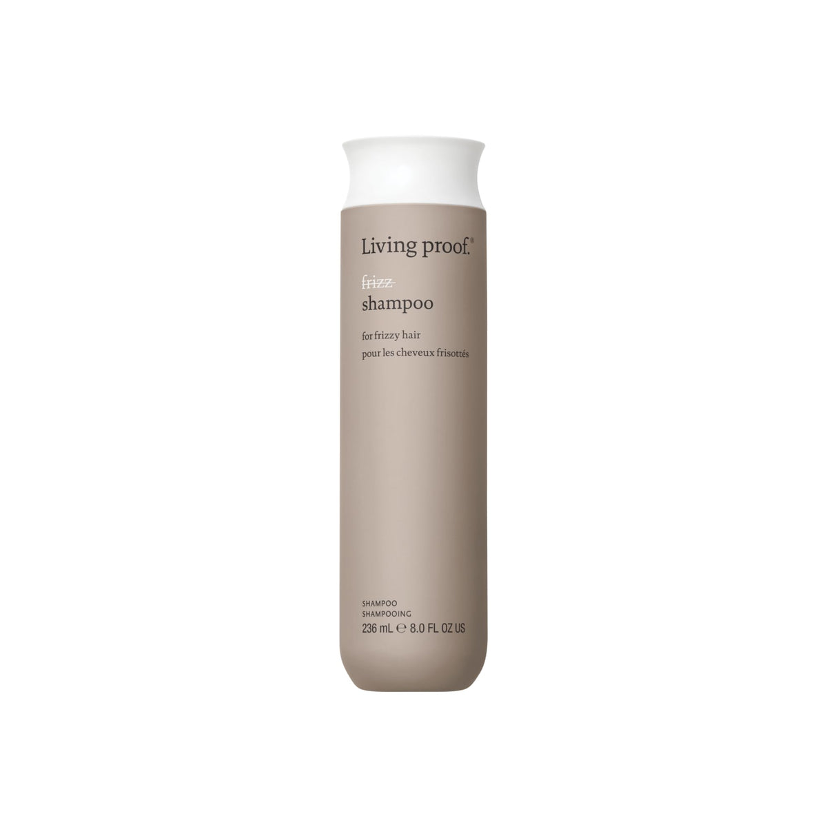 Living Proof No Frizz Shampoo bottle on shelf offers daily frizz control.
