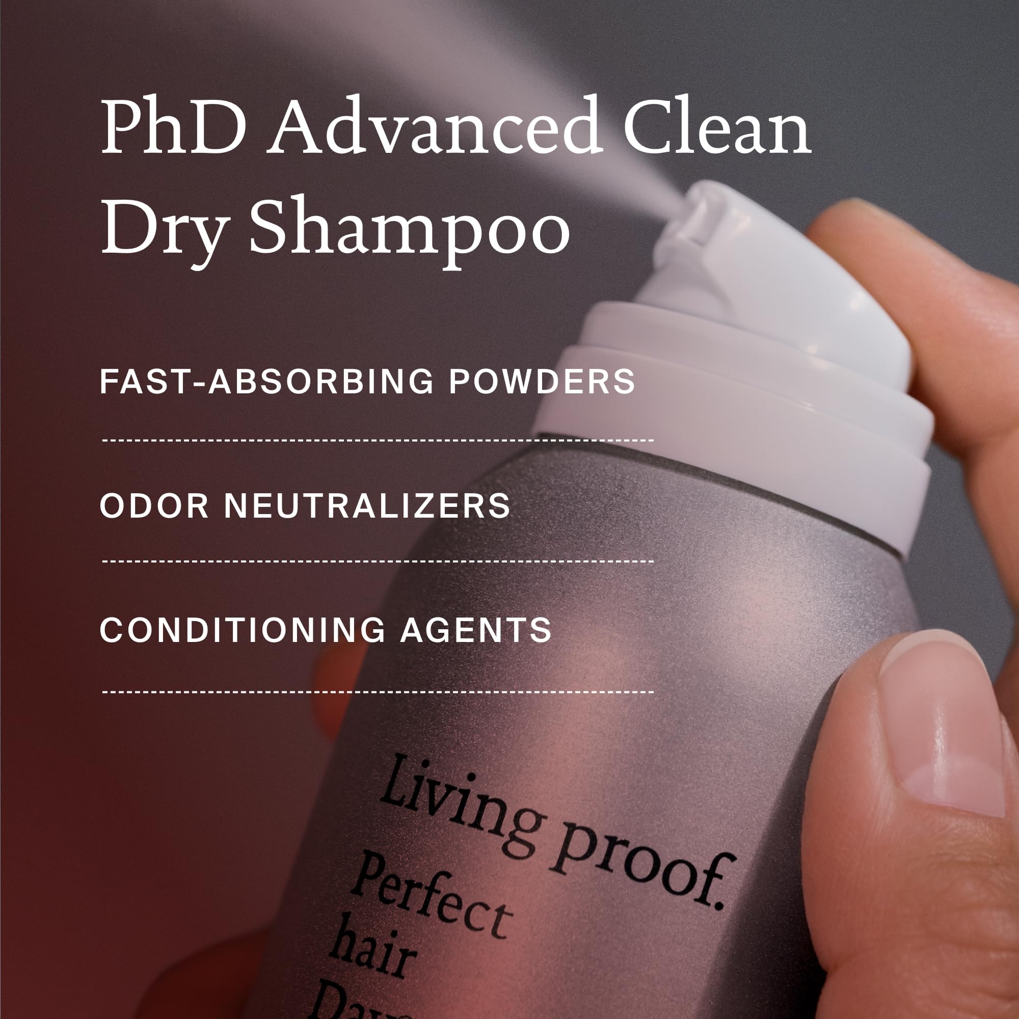 Living proof Perfect hair Day Dry Shampoo packaging-closeup shows sleek design.