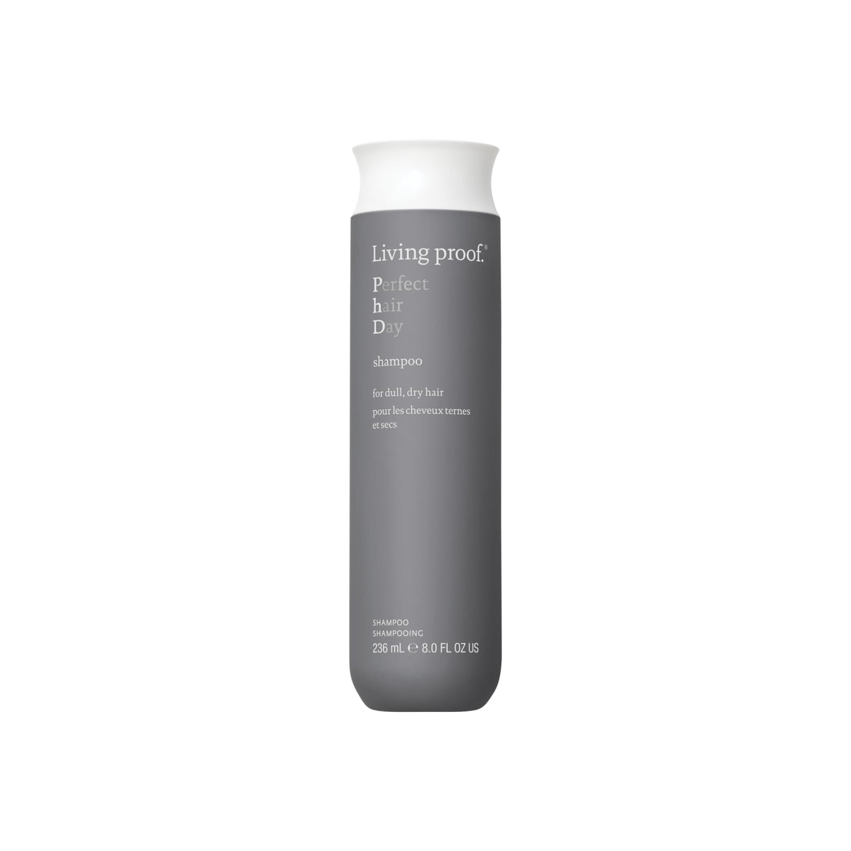 Living proof Perfect Hair Day Shampoo bottle demonstrates a silicone-free formula for lasting hydration.