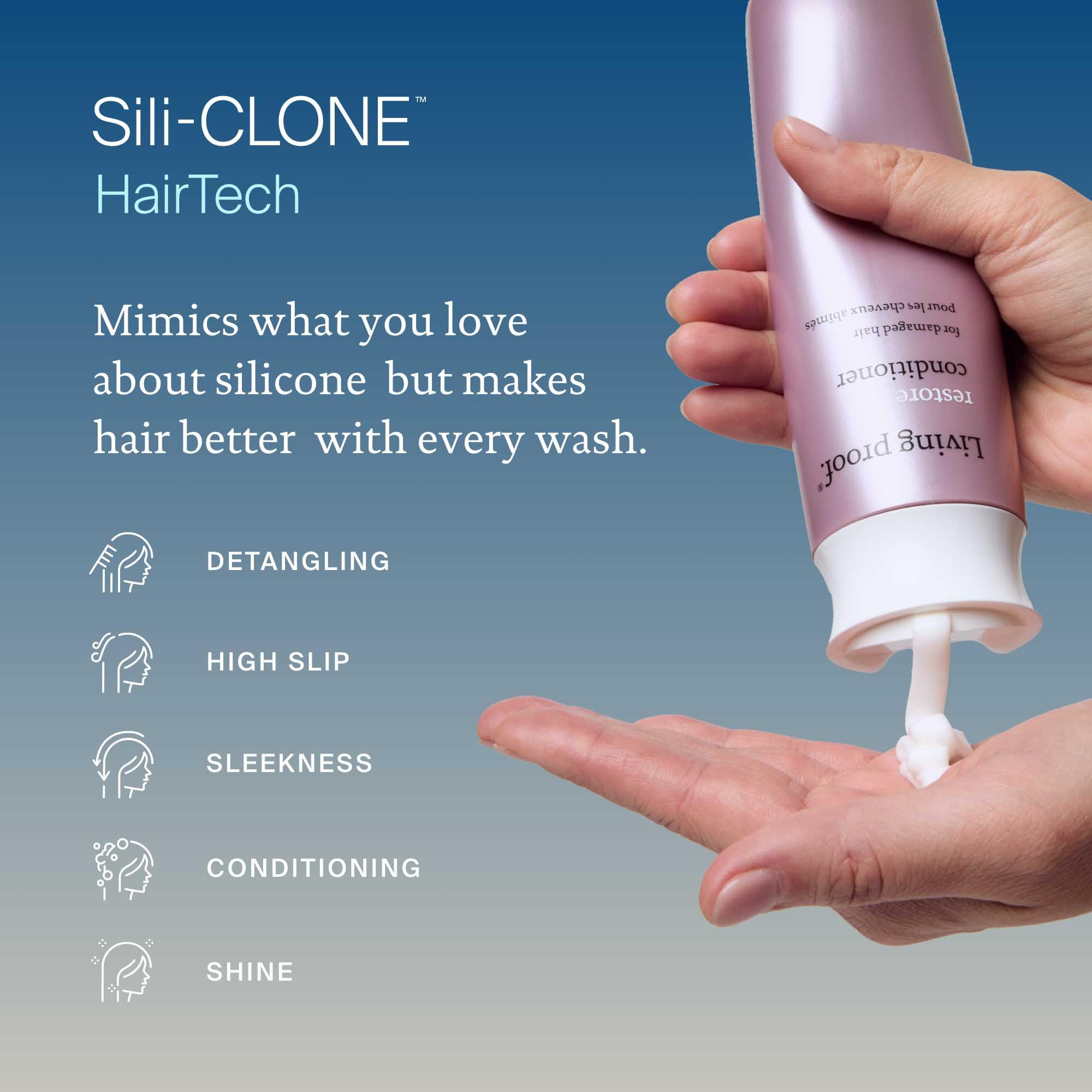 Living Proof Restore Conditioner lather preview highlights weightless slip and easy detangling.