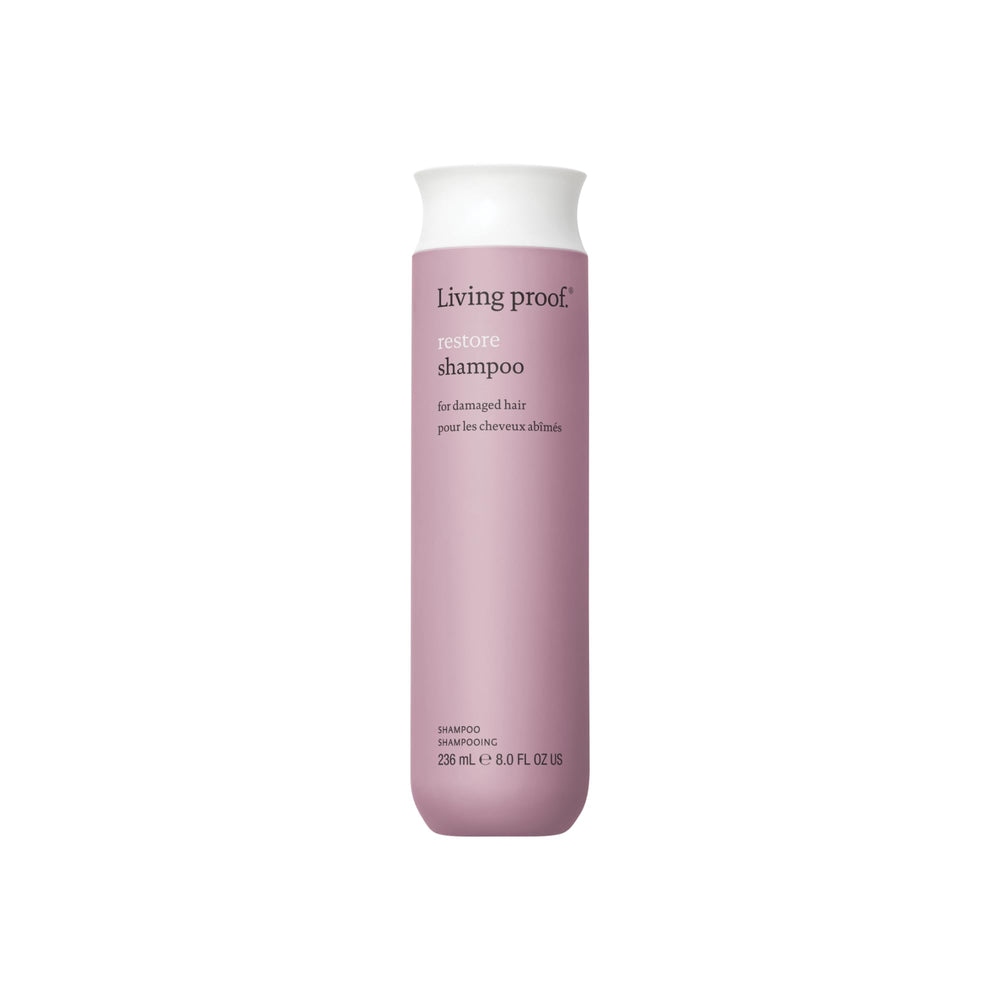 Living Proof Restore Shampoo bottle front highlights a silicone-free formula for all hair types.