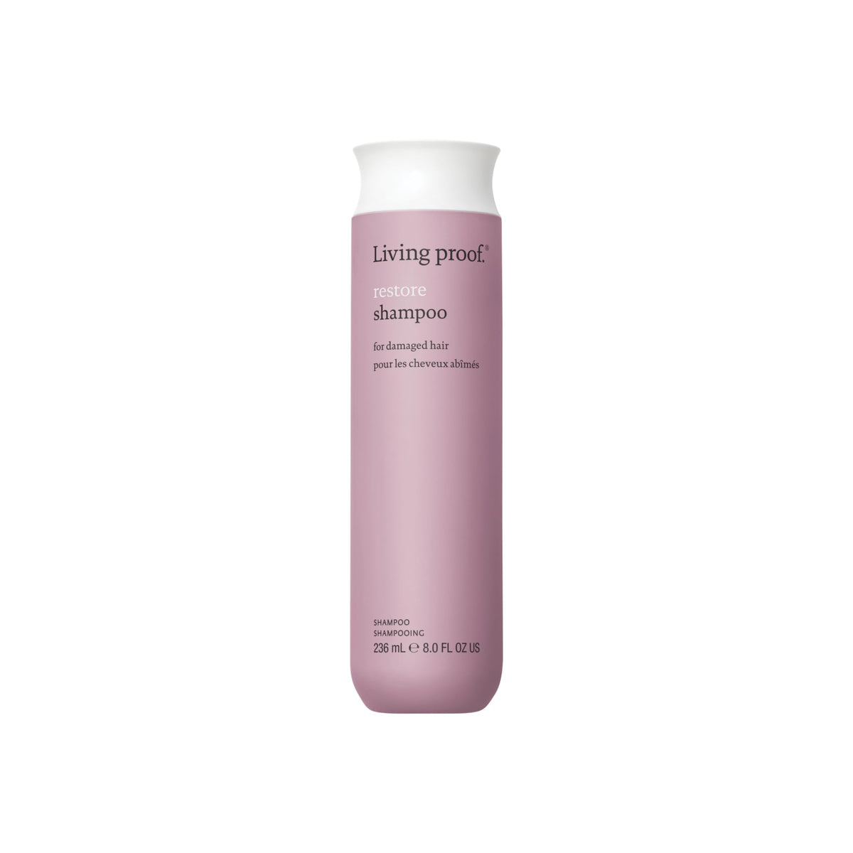Living Proof Restore Shampoo bottle front highlights a silicone-free formula for all hair types.