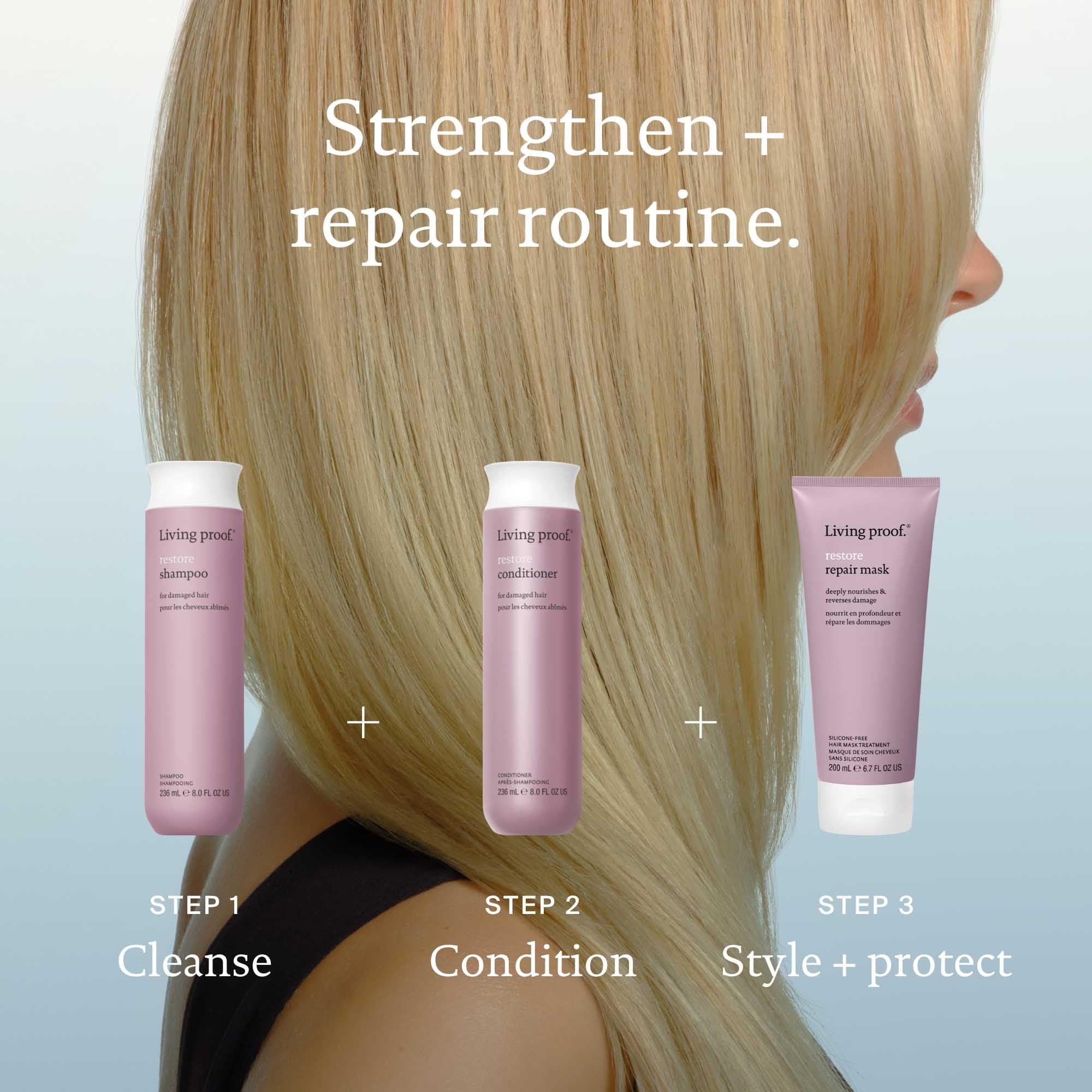Living Proof Restore Shampoo compact bottle in a gym bag ready for travel.