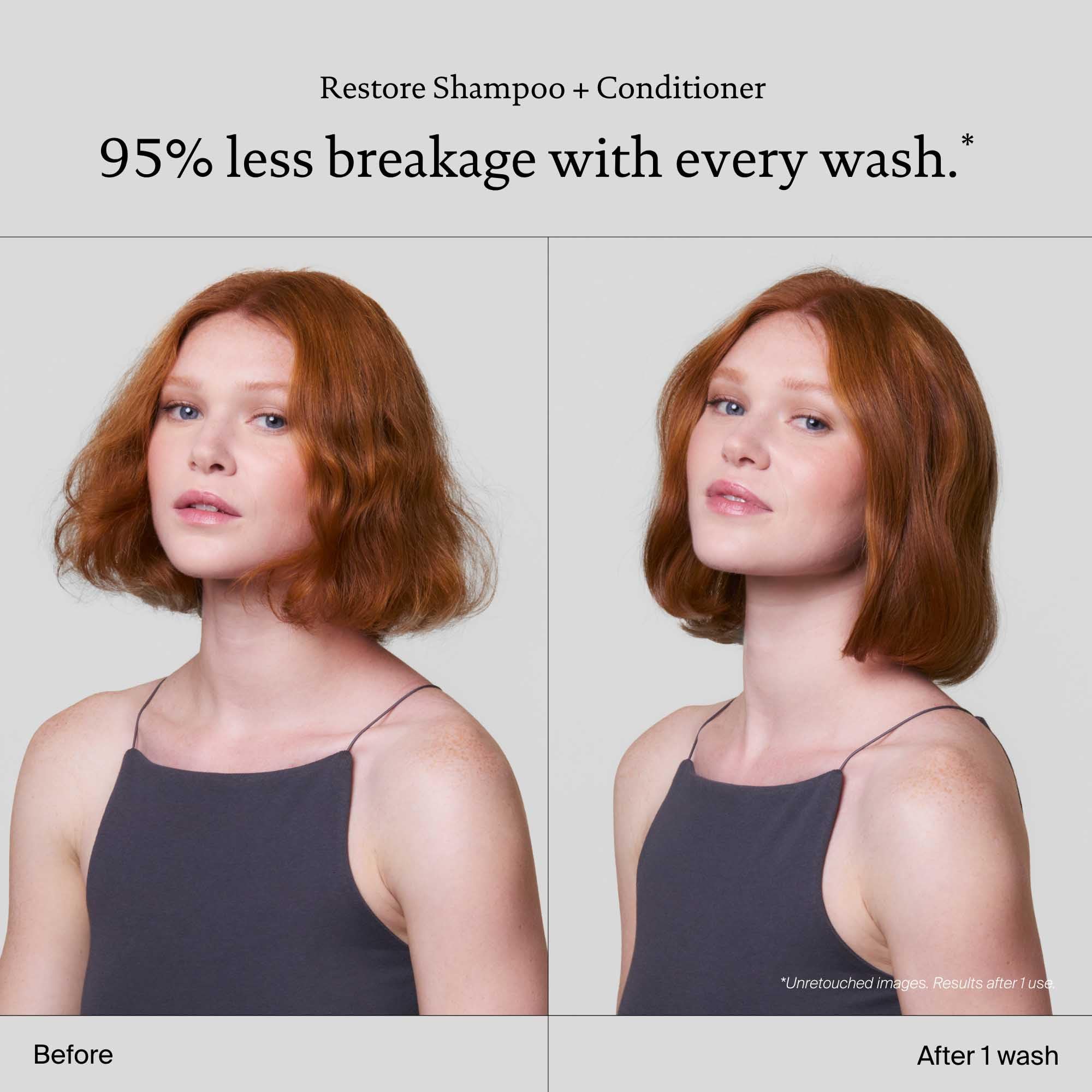 Living Proof Restore Shampoo label detail shows key benefits and usage directions.