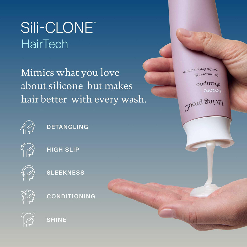 Living Proof Restore Shampoo applied to wet hair during cleansing.