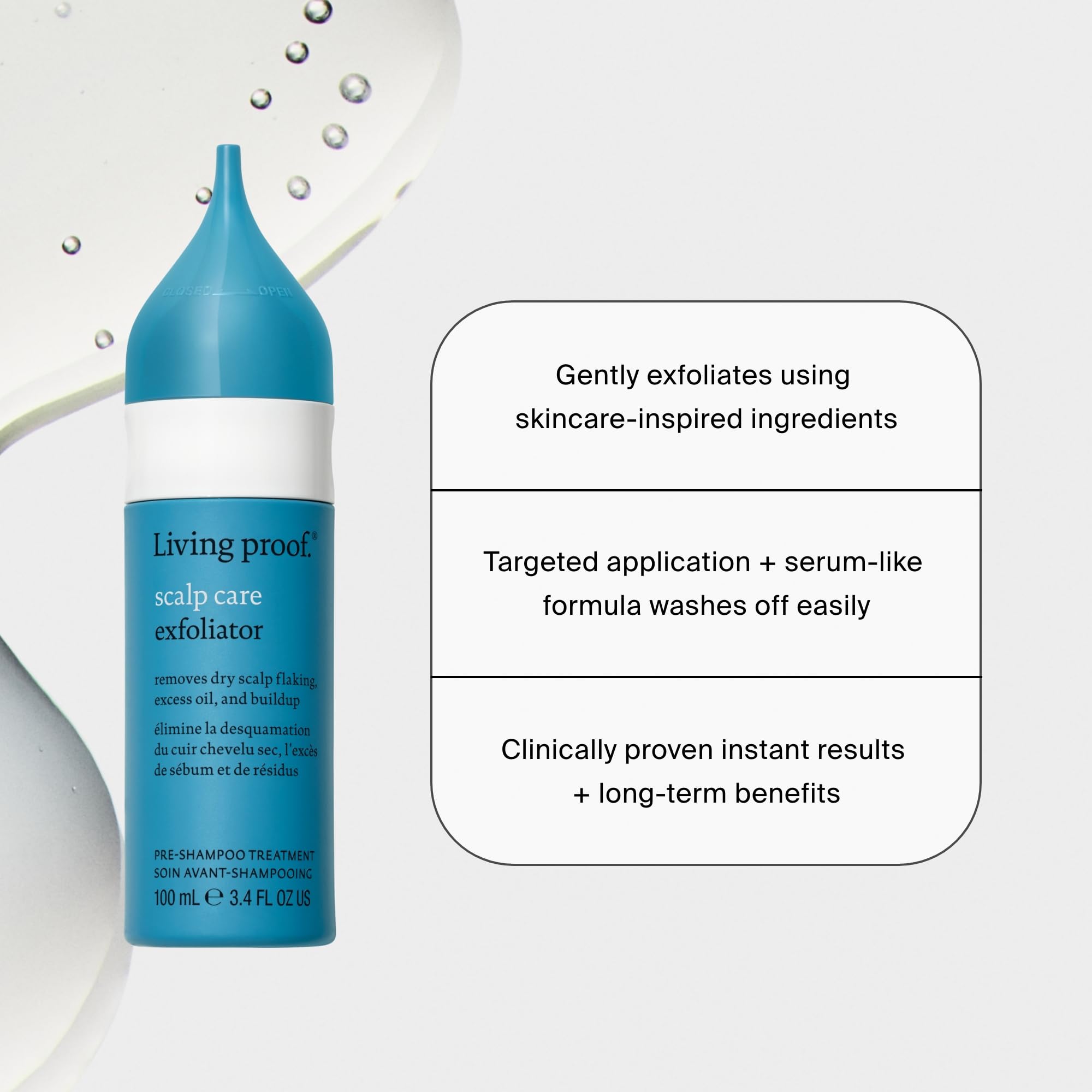 Living Proof Scalp Care Exfoliator swirl view illustrating smooth serum flow.