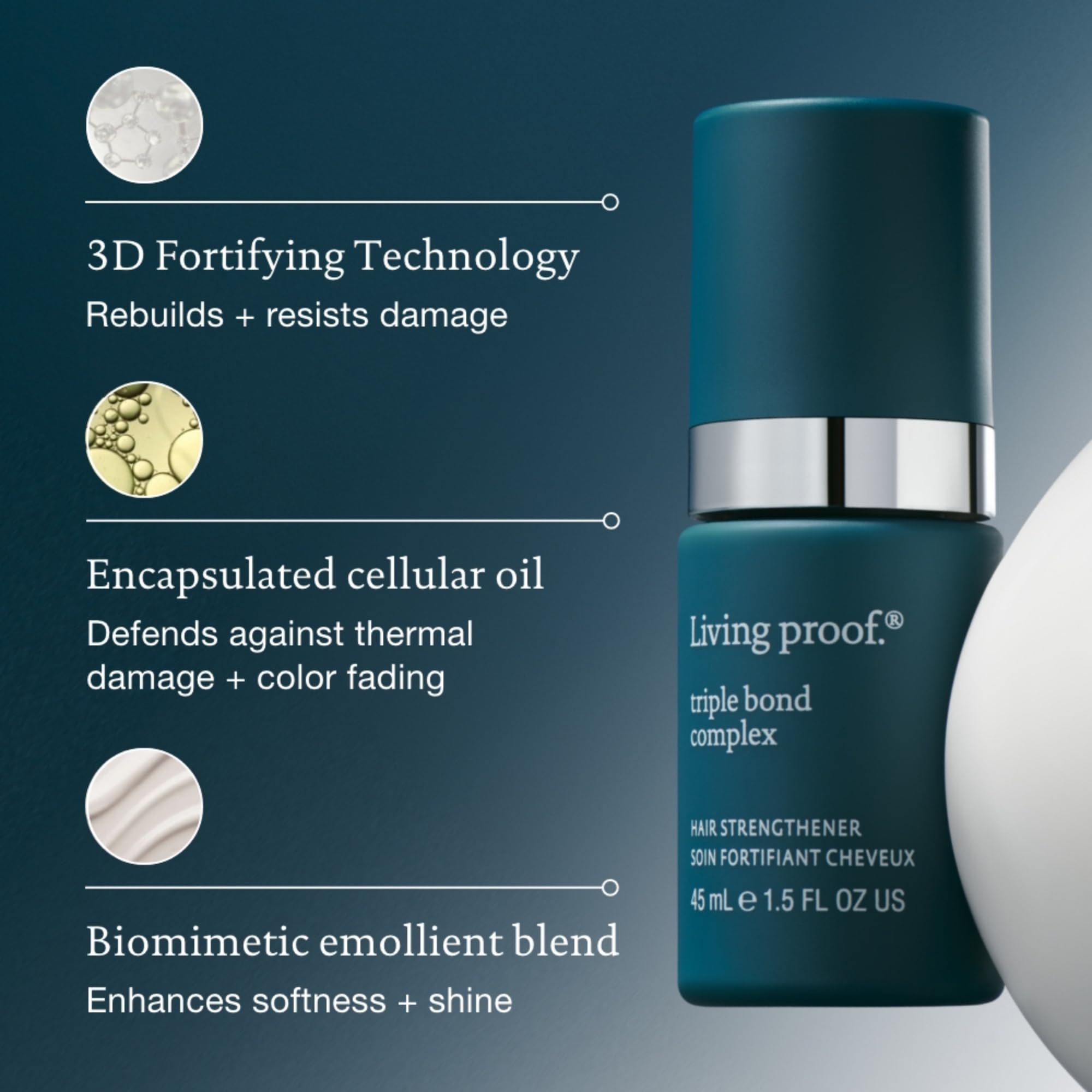 Living Proof Triple Bond after-application hair strands look detangled and manageable.