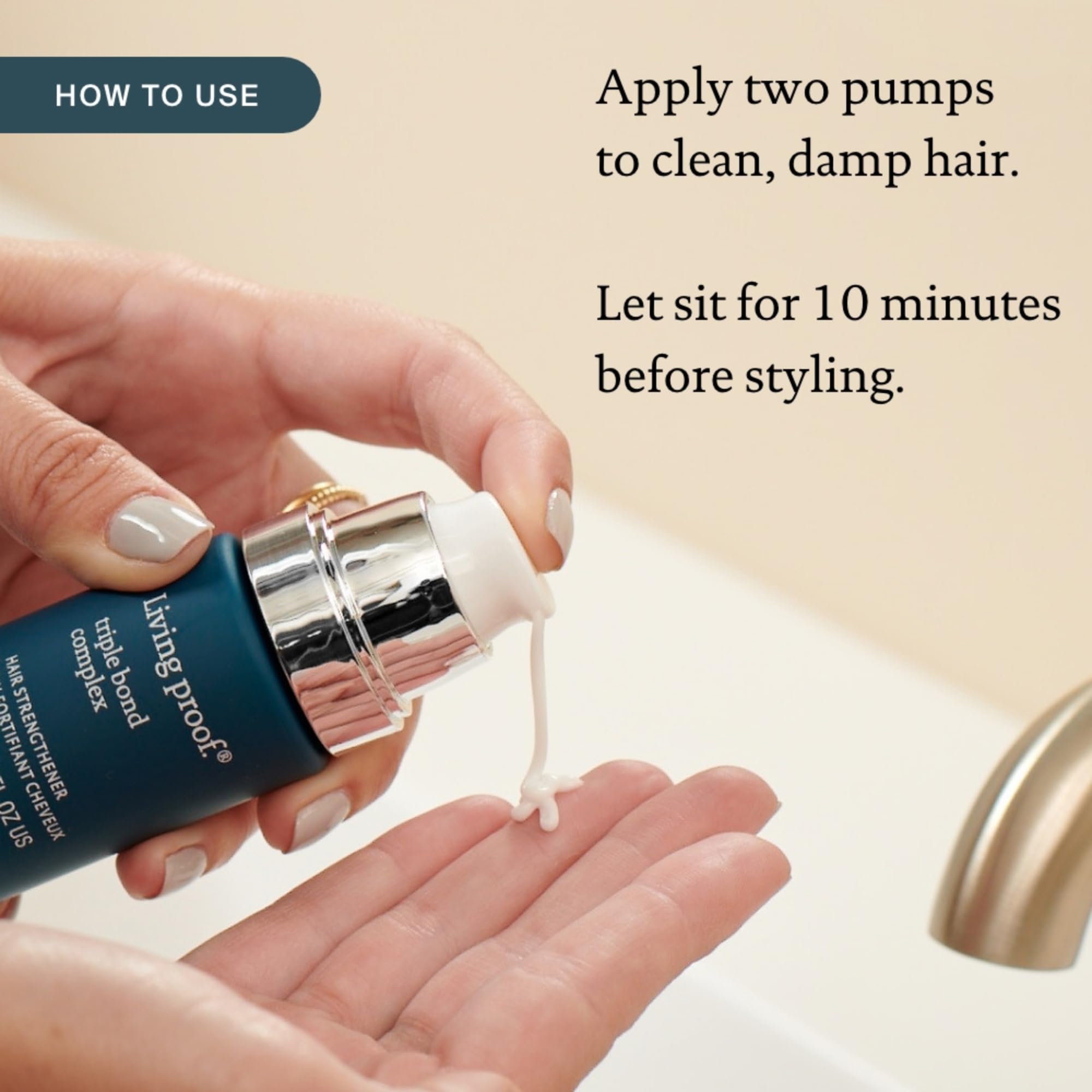 Living Proof Triple Bond hair strands close-up show silky, resilient texture.