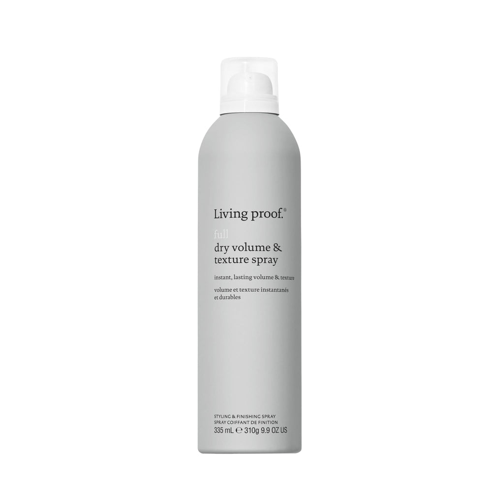 Living Proof Full Dry Volume & Texture Spray bottle close-up for lift and texture