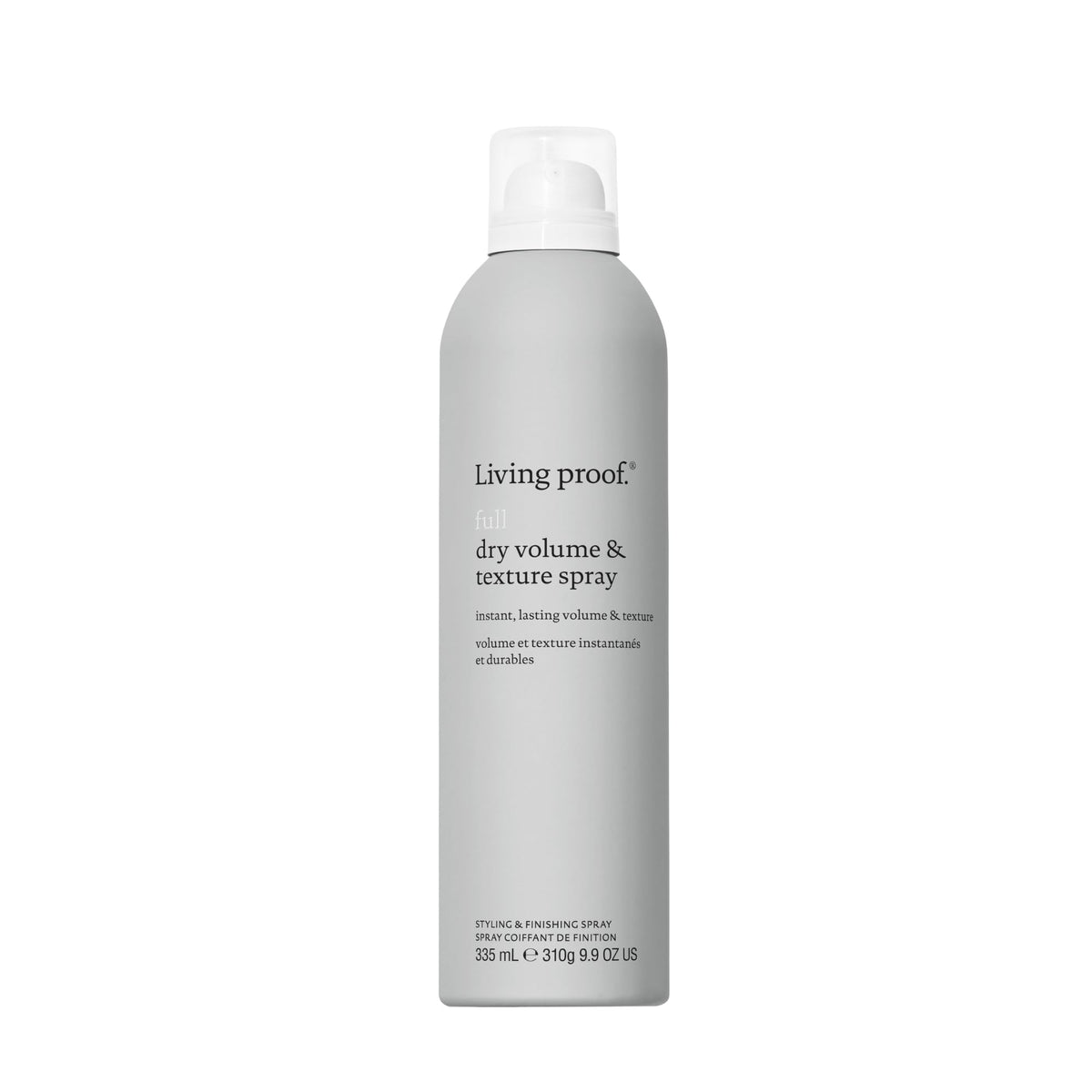 Living Proof Full Dry Volume & Texture Spray bottle close-up for lift and texture