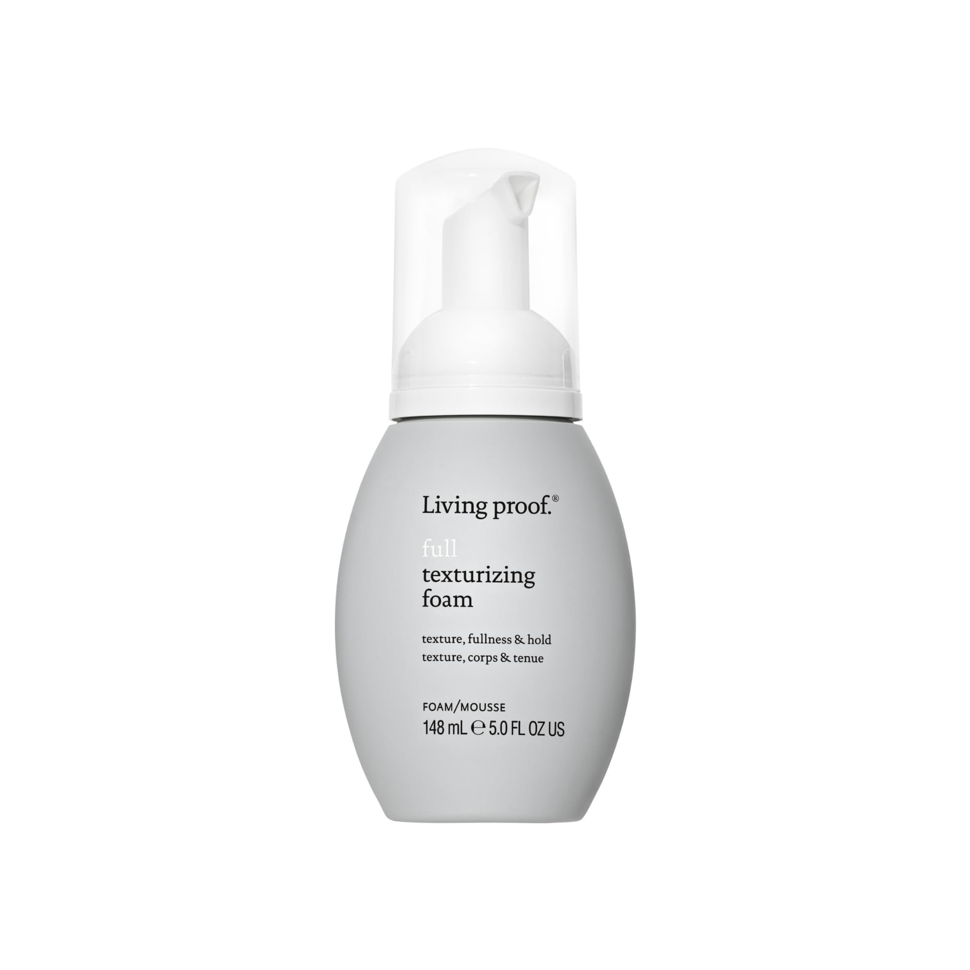 Living Proof Full Texturizing Foam bottle delivering airy texture and lasting volume.