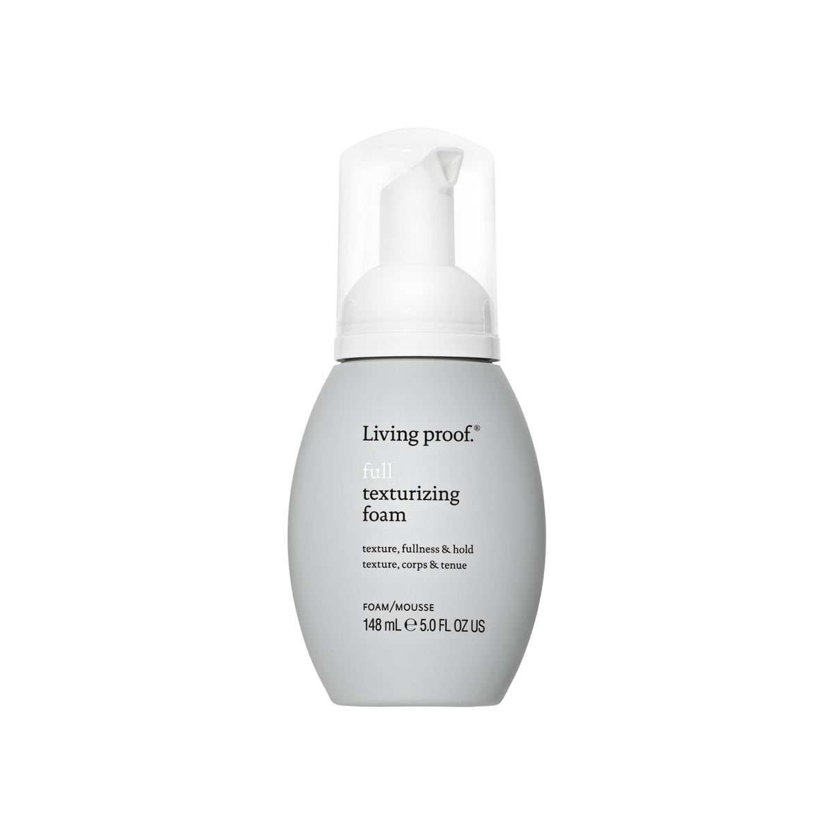 Living Proof Full Texturizing Foam bottle delivering airy texture and lasting volume.