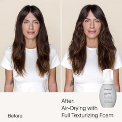 Damp hair being treated with Living Proof foam for beachy texture and movement.
