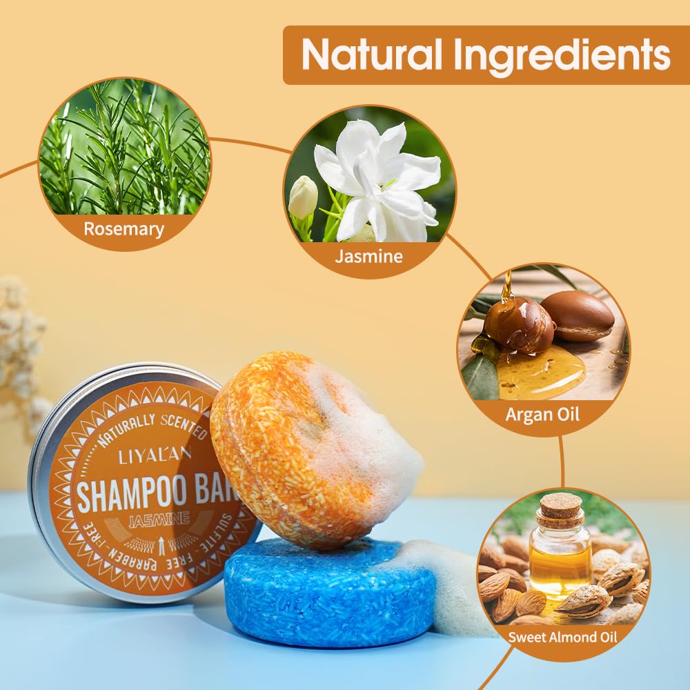 LIYALAN Rosemary Jasmine shampoo bar texture close-up shows creamy lather