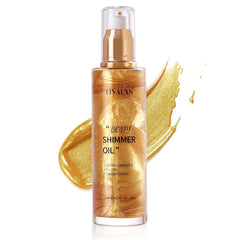 LIYALAN Shimmer Body Oil bottle pour demonstrates easy, quick shimmer application for skin.