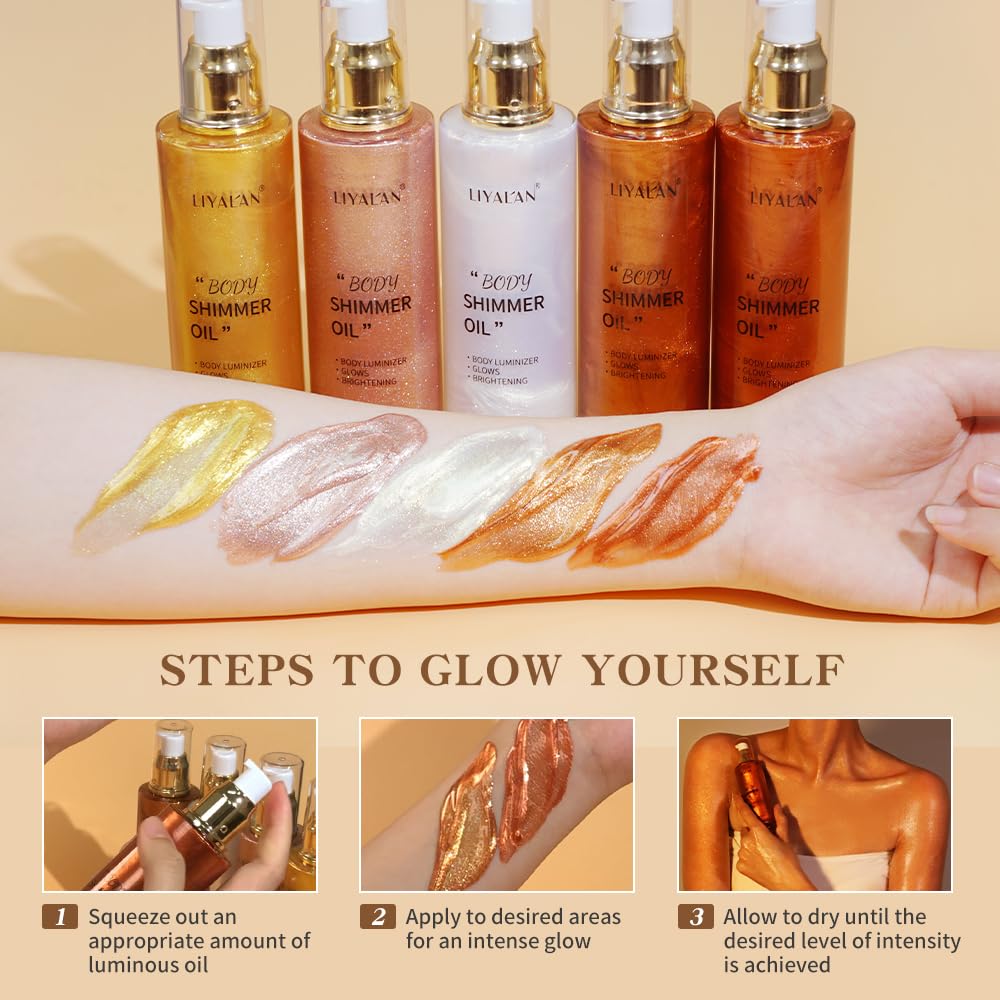 LIYALAN Shimmer Body Oil close-up sparkle highlights fine shimmer texture.