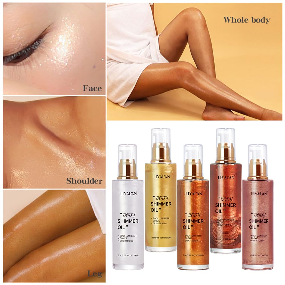 LIYALAN Shimmer Body Oil on shoulder delivers satin-like gleam.