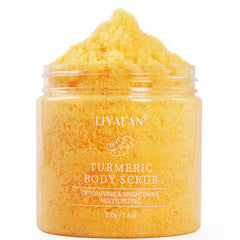 LIYALAN turmeric scrub texture close-up shows gentle particles.