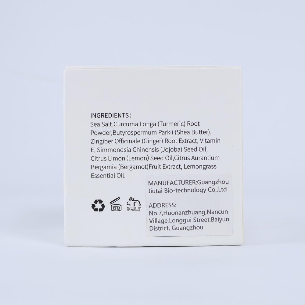 LIYALAN turmeric scrub packaging highlights natural ingredients and clean design.