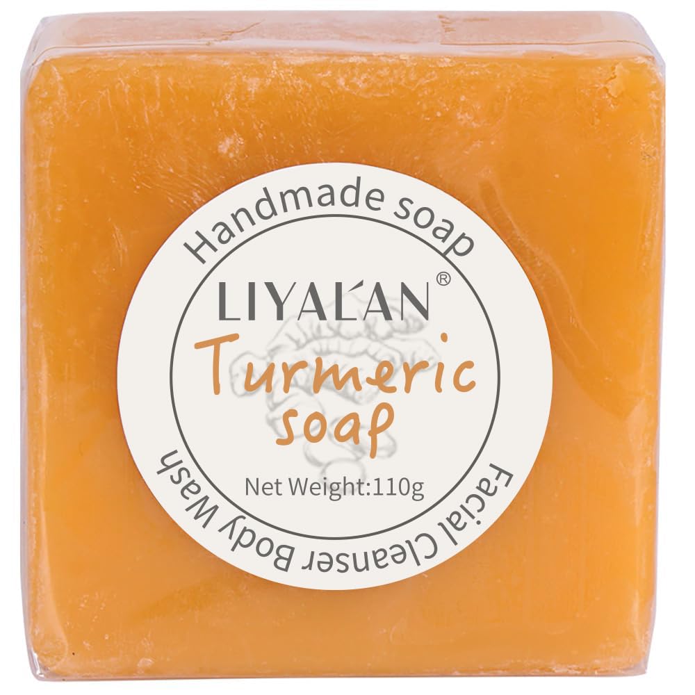 LIYALAN Turmeric Soap Bar closeup shows natural ingredients and gentle cleansing.