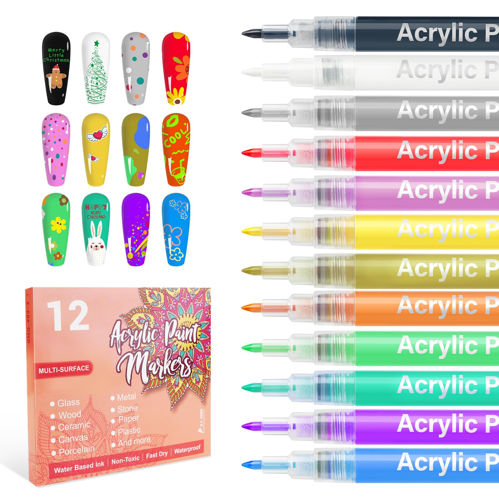 LKE 12 Colors Nail Art Pens Set shows a vibrant color palette for precise detailing.