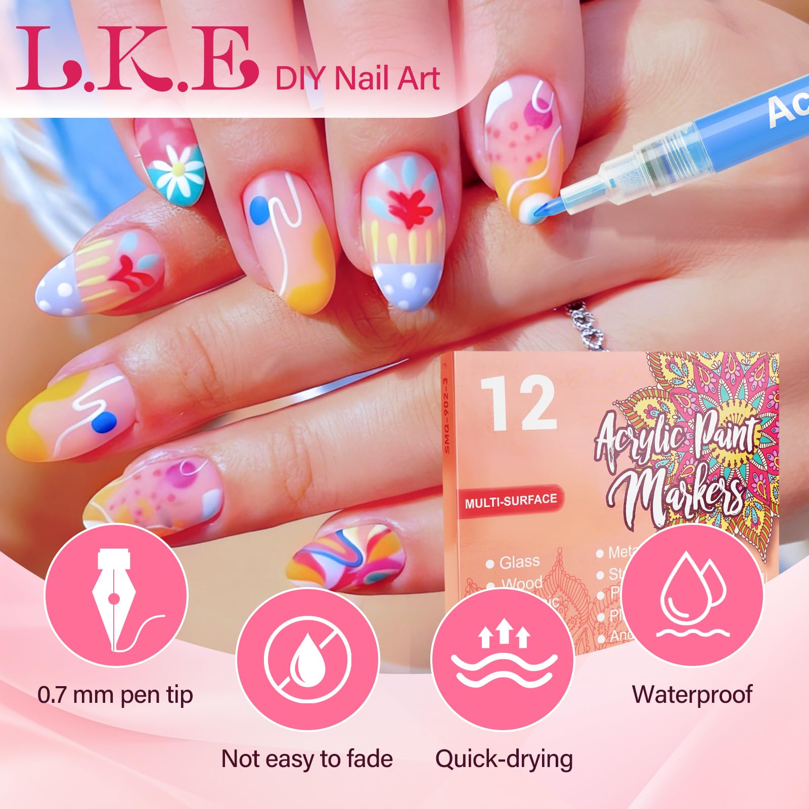 LKE precision-tip markers enable clean lines and intricate nail art designs.