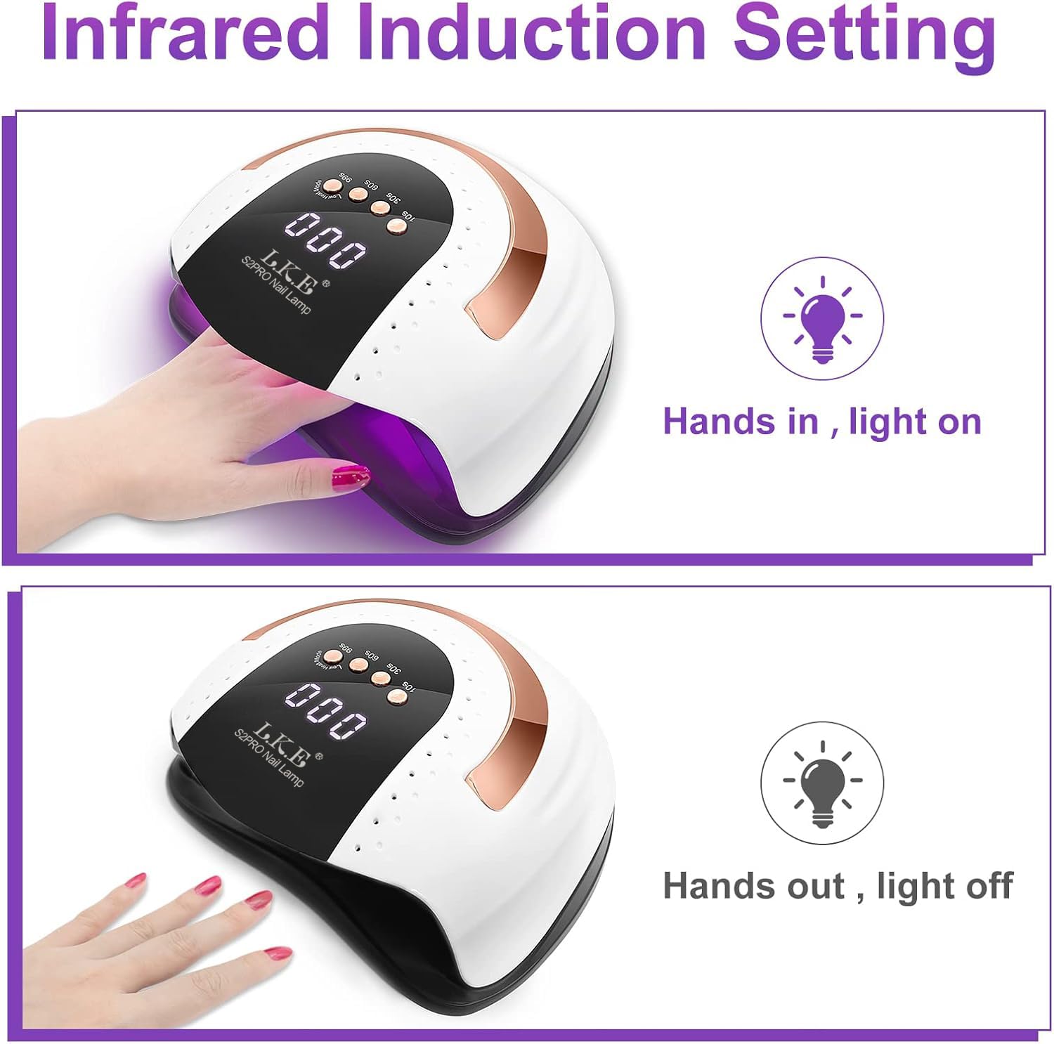LKE nail lamp infrared sensor enables hands-free curing.