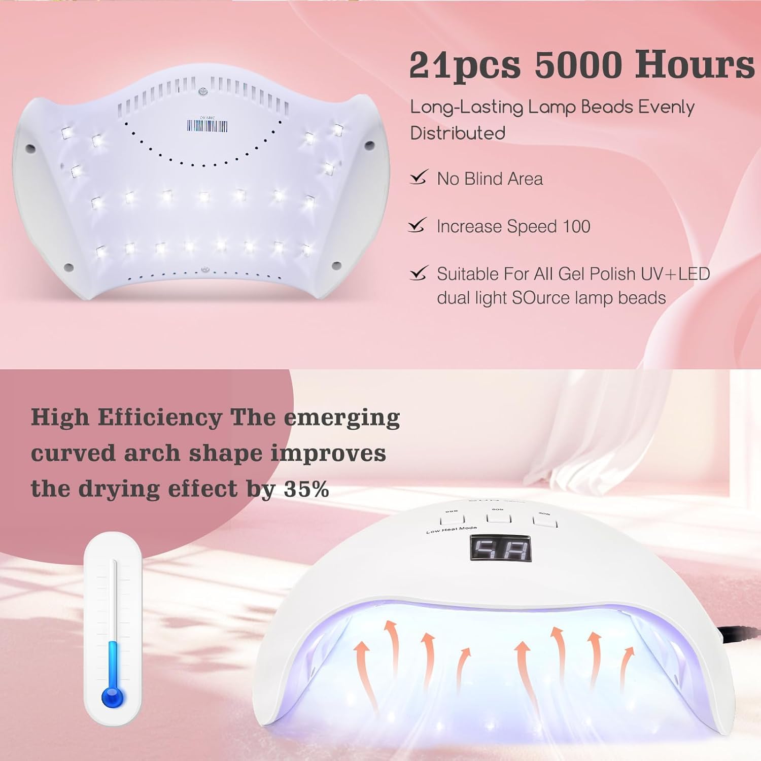 LKE lamp in use with hands inside showing quick timer options for easy curing