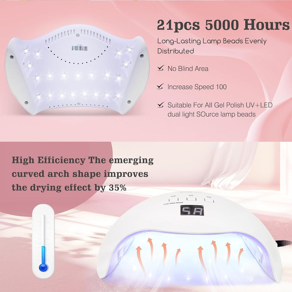 LKE lamp in use with hands inside showing quick timer options for easy curing
