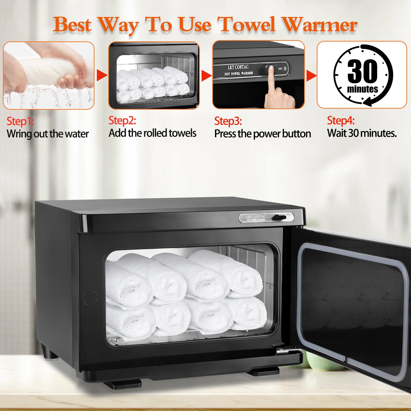 LKT COBTAC hot towel warmer front view ready for daily service