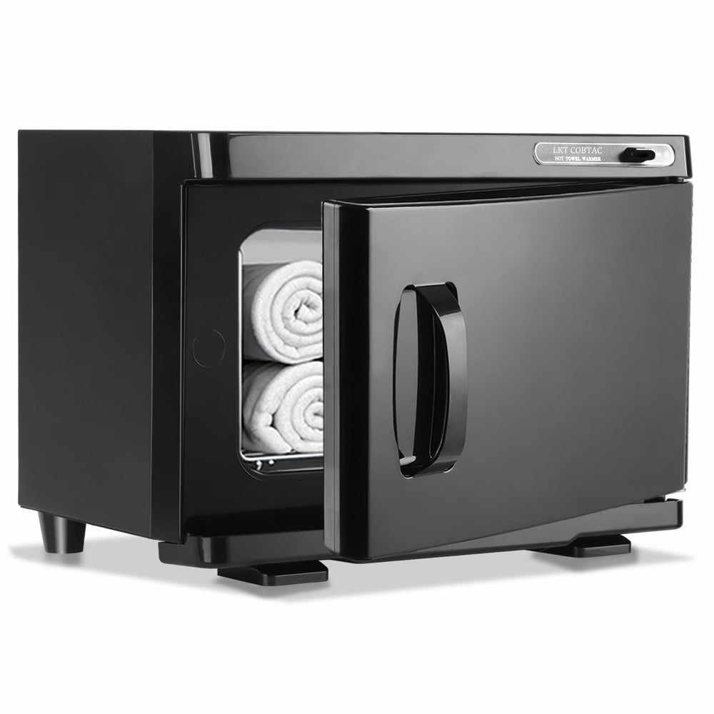 LKT COBTAC hot towel warmer inside view showing 8L capacity for salons