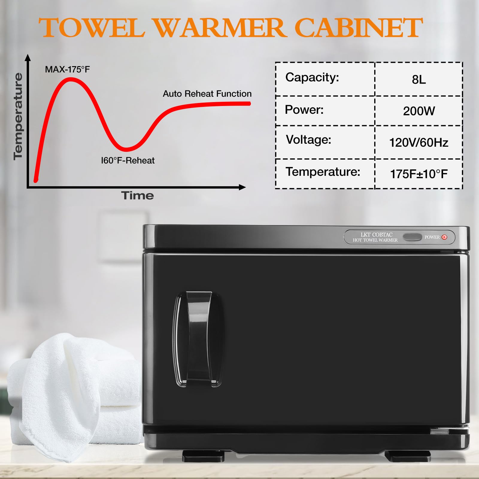 LKT COBTAC hot towel warmer with lid open for quick towel loading