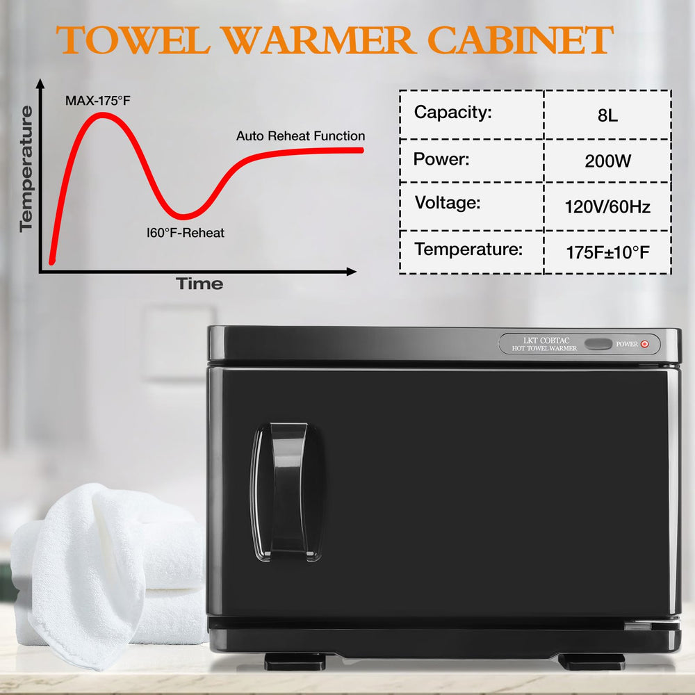 LKT COBTAC hot towel warmer with lid open for quick towel loading