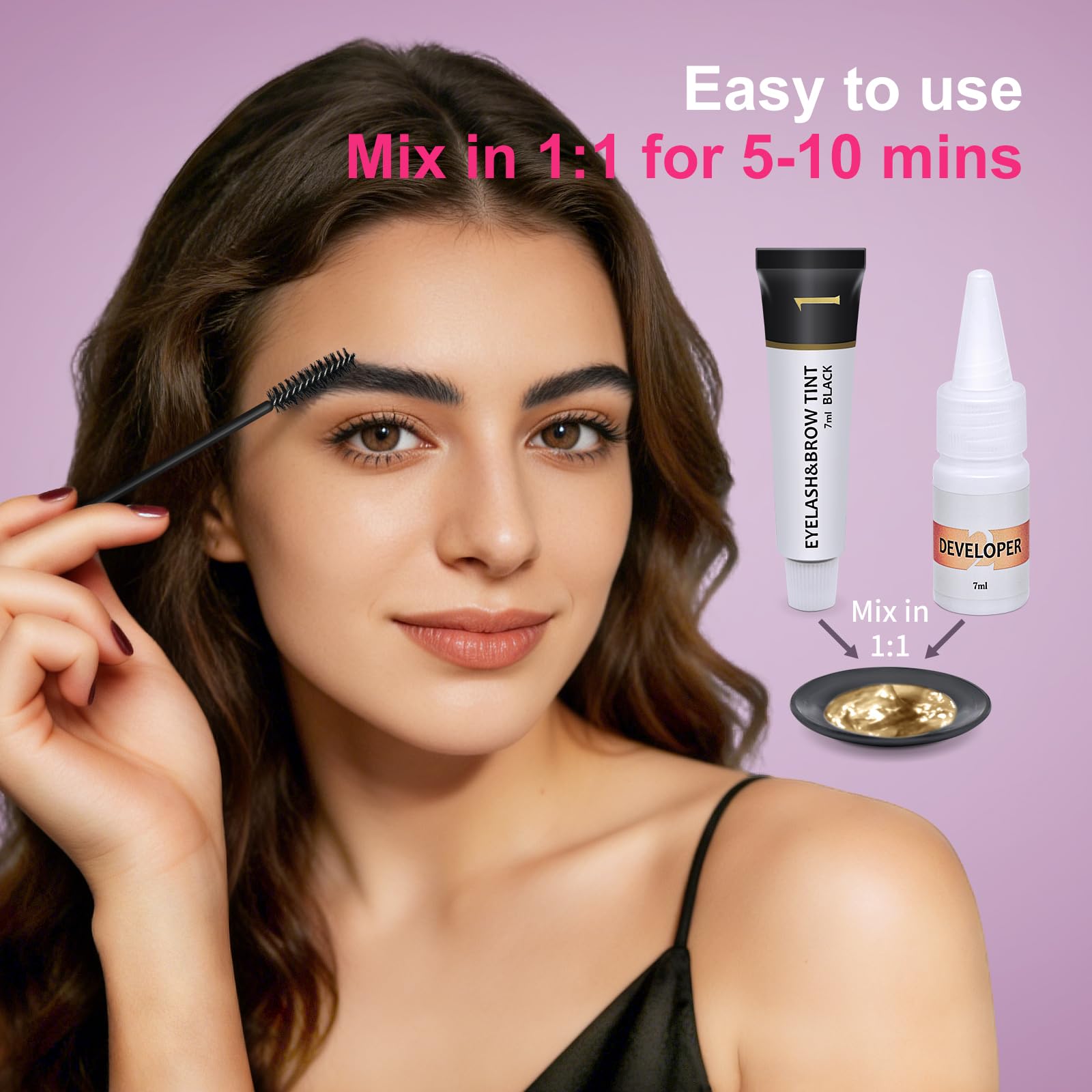 LLNNOVUE eyelash color kit application process showing easy steps for even coverage