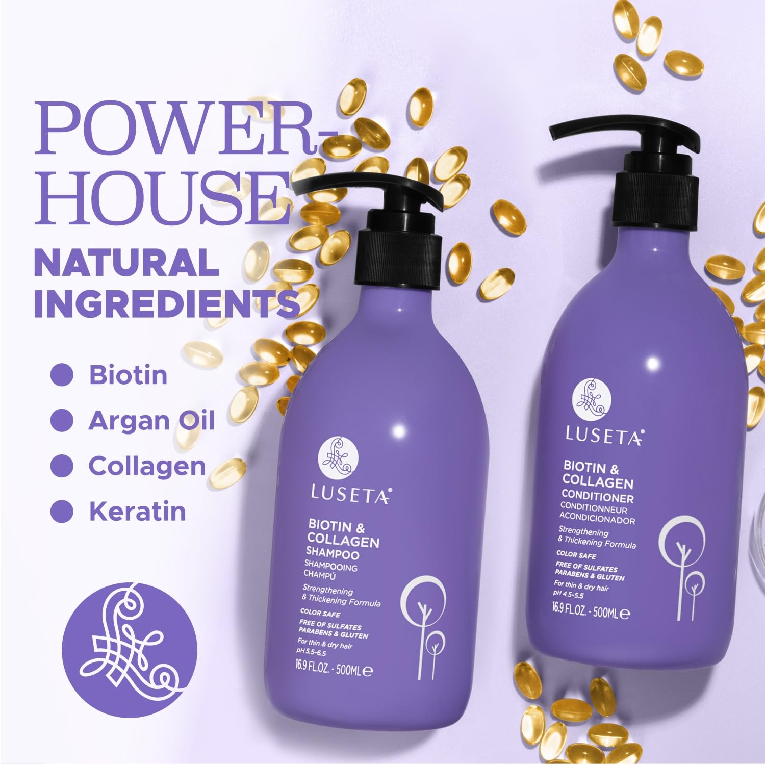 L LUSETA Biotin Conditioner label features argan oil benefits.