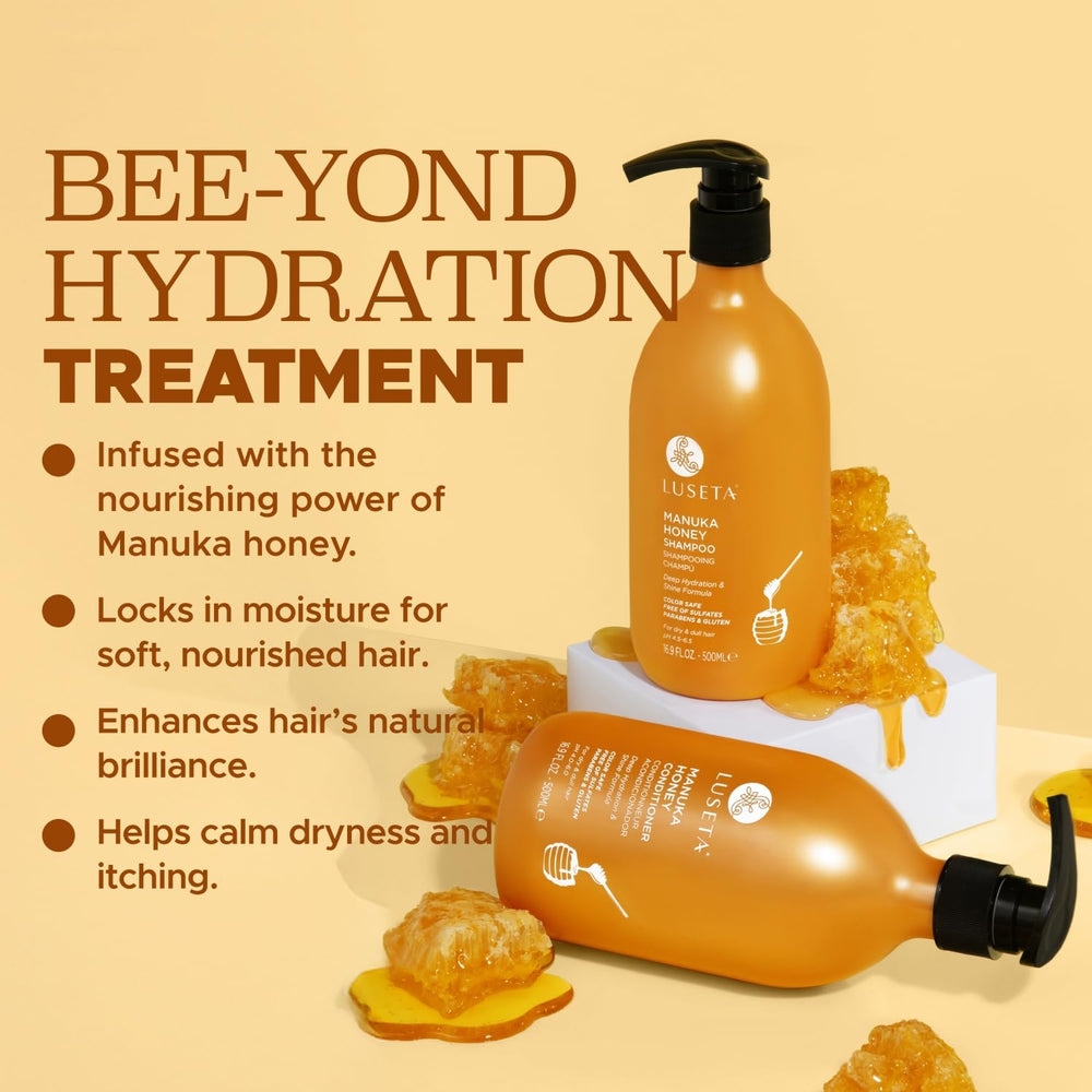 L LUSETA Manuka Honey Conditioner bottle locks in moisture for frizz reduction.